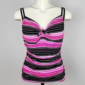 BAKU Australia Tankini Swim Top Pink Black Stripes Ruched Waist Size 11/12